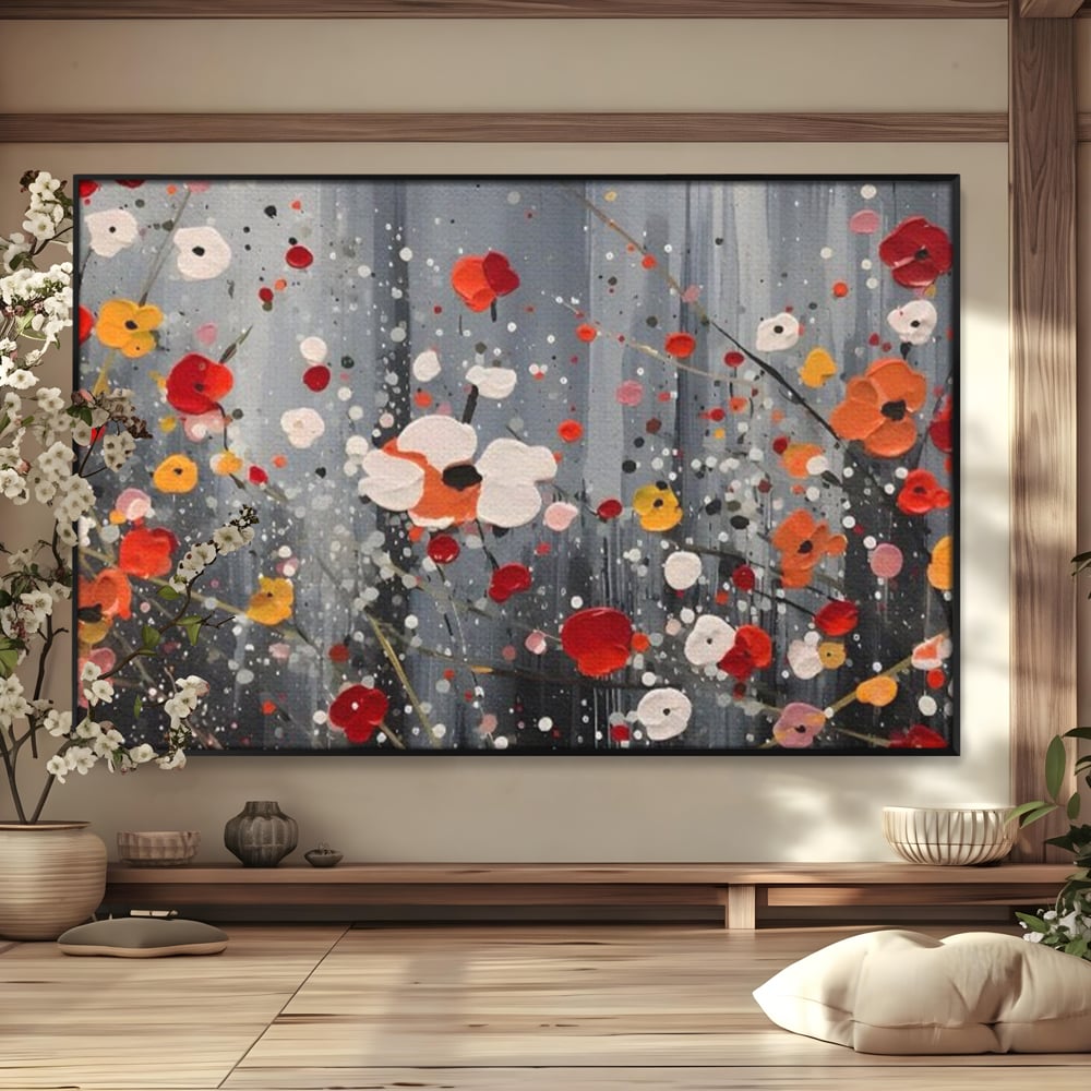 Tablou canvas cu pictura abstracta cu flori si stropi, in rama de aluminiu negru